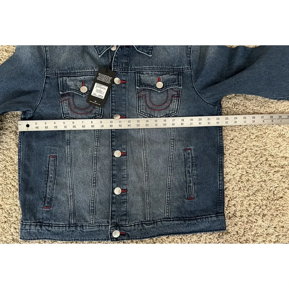 True Religion Jacket Mens Large Blue Quartz Wash Denim Red Stitching New w/Tags